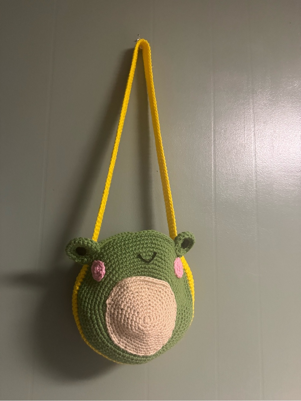 Hand Crafted Green Frog Crossbody Bag with Yellow Strap and Cream Snout